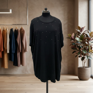 Black Loose Midi <b>Dress</b> With <b>Rhinestone</b> Decoration Crew Neck Cap Sleeve Casual <b>Dress</b> For Daily Wear - Product Image 3
