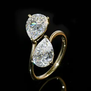 맞춤형 고급 보석 14K 옐로우 골드 두 돌 배 컷 랩 성장 다이아몬드 반지 약혼 반지