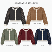 Cardigan en tricot ajouré personnalisé pour femme, col rond, bordure contrastante, manches raglan, coupe courte, boutonné, idéal pour le printemps et le bureau