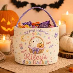 Cesto di Halloween in tessuto rosa con stampa di Halloween, manico a forma di <span class=keywords><strong>zucca</strong></span> e motivo floreale viola - Product Image 2
