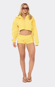 Ensemble de survêtement jaune à capuche pour femme, coupe courte, double fermeture éclair, manches longues, couleur unie, coupe ample, décontracté, pour le printemps, avec logo imprimé - Product Image 3