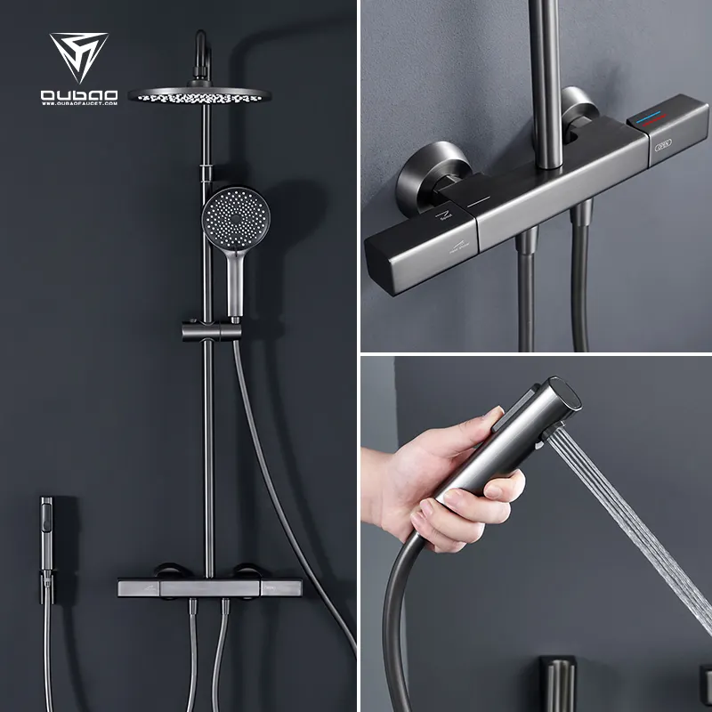 Gun-grey Bathroom Shower Faucet Set Wall Mount Rainfall Shower Tap Bathtub 3-way Shower Mixer