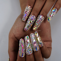 Kuku Palsu ABS Buatan Tangan Berkualitas Tinggi, Mengkilap 3D, Berhiaskan Rhinestone, Bentuk Coffin Panjang, Aplikasi di Jari, Mewah, Press-on Nails