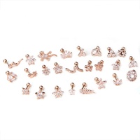 Vente en gros de bijoux pour le cartilage, boucles d'oreilles de piercing, en forme de fleur, avec CZ transparent, PVD, couleur lobe, plantes, animaux, hélice, conque, rook, tragus