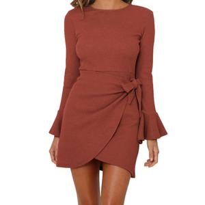 Robes d'automne sur mesure en gros, robes élégantes pour femmes, col rond, manches longues, coupe ajustée, pour femmes - Product Image 1