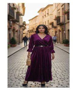 Robe en velours haut de gamme pour femmes, unie, tissée, élégante, avec ceinture, manches longues, silhouette en A, écologique, pour soirée, mode - Product Image 3