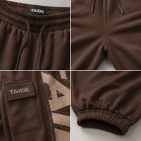 Pantalon de survêtement cargo en molleton de coton TaiDe 420 GSM, teint pigmentaire marron, imprimé latéral, coupe ample ballon, pour homme, vente en gros, ODM, ensemble complet