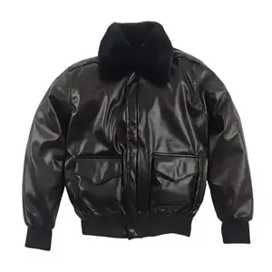 Veste en cuir rétro de haute qualité veste à logo brodé col en fourrure vestes en cuir de moto pour homme personnalisé