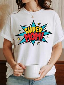 <span class=keywords><strong>Camiseta</strong></span> con estampado de "<span class=keywords><strong>Super</strong></span> Mom" para mujer, <span class=keywords><strong>camiseta</strong></span> informal de manga corta con cuello redondo y diseño de estrella, cómoda para el uso diario - Product Image 2