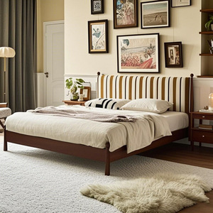 French Retro Style Solid Wood <b>Bed</b> 1.5M Platform With Soft Headboard For Bedroom - Product Image 1