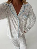 Ensemble de pyjama pour femmes OEM/ODM, décontracté, printemps, automne, hiver, Floria, doux, respirant, en spandex/coton, manches longues, col en V