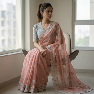 Ensemble de sari Anarkali en soie rose, tenue traditionnelle pour femme, pour mariage et fête, style Inde Pakistan, broderie riche, longueur ras du sol - Product Image 1