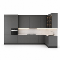 Meuble de cuisine modulaire en bois laqué gris moderne avec éclairage LED intelligent, charnières à fermeture douce, robinet résistant à l'eau, stratifié/marbre