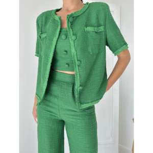 Ensemble de costume vert pour femme en polyester tissé respirant, pantalon long et veste à manches courtes, tenue deux pièces - Product Image 2