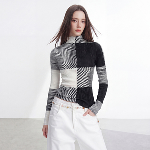 Moda Femenina Elegante Coreana Ecológica con Bloques de Color, Tejida, Manga Larga, Casual, Patchwork, Estilo Preppy, Corte Regular, 100% - Product Image 2