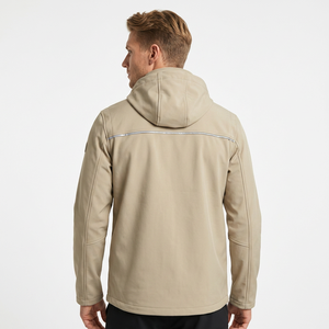 Men's Beige Hooded Windproof Softshell <b>Jacket</b> With Zipper Pockets Autumn Sporty Style Regular Fit Polyester Material - Product Image 2