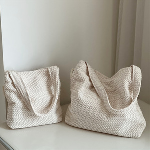 Bolso de Playa Grande con Rayas, Bolso de Hombro para Mujer, Estilo Campestre Francés, 100% Algodón, Tejido con Cierre de Cremallera - Product Image 1