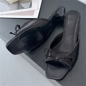 Pantuflas de satén de tacón alto con punta cuadrada y tacón bajo para mujer, talla grande, 2025 - Product Image 1