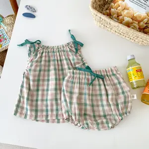 New Summer Baby Girl Vest Set Baby Girl Clothes 6 a 12 meses Plaid Infant Girl Clothing Sets