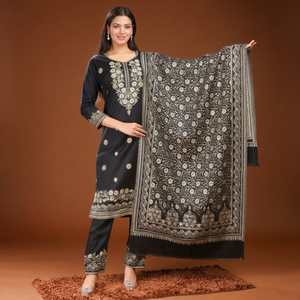 Conjunto de Salwar Kameez de Lana con Bordado Floral Negro y Chal para Mujer, Ropa Casual Tradicional Estilo India Pakistán para Fiestas y Bodas - Product Image 1