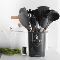 Accessoires de cuisine haut de gamme, ensemble de 12 ustensiles de cuisine en silicone, ustensiles de cuisine avec manche en bois et support