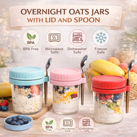 Pot en verre réutilisable de 380 ml pour overnight oats avec couvercle et cuillère, pot à yaourt, pot Mason, récipient de stockage alimentaire pour petit-déjeuner et dessert