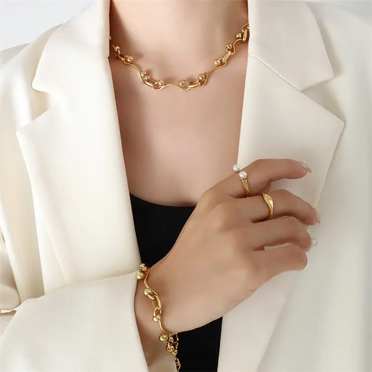 Conjunto de joyería de acero inoxidable chapado en oro de 18K, gancho personalizado, cadena gruesa, collar y pulsera