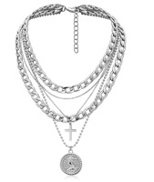 Collier cubain rétro multicouche en alliage plaqué or avec chaîne torsadée et pendentif croix-monnaie, cadeau pour femme, vente en gros