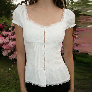 Camiseta de Manga Corta con Cuello Cuadrado, Botones al Frente, Cintura Plizada y Ajustada, Top Corto con Encaje Francés - Product Image 6