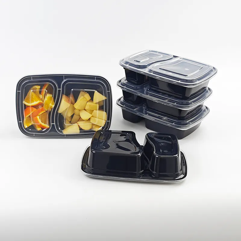 2 bölme 34OZ 1000ml microwadisposable tek kullanımlık Bento yemek kabı dikdörtgen gitmek gıda kapları plastik yemek hazırlama saklama kabı