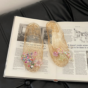 Chaussons pour femmes, chaussures plates à bout ouvert, chaussures transparentes, chaussures de plage, accessoires floraux, style mode extérieur, sac - Product Image 6