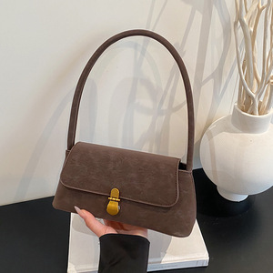 Minimalist Faux Suede Shoulder Bag With Gold Lock Closure Single Handle Brown Women's <b>Handbag</b> Daily Use All Seasons - Product Image 1
