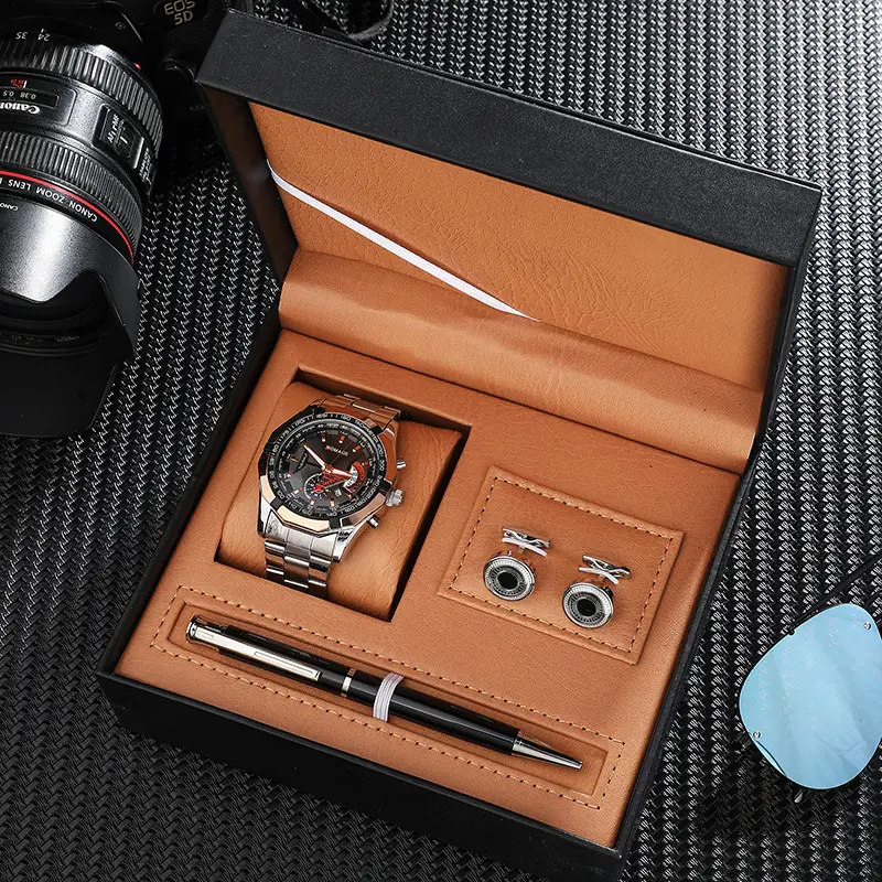 Hot Selling Heren Quartz Horloge Set Luxe Rvs Cufflink Pen Geschenkdoos Polsband Horloge Set