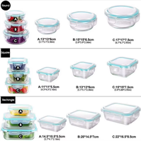 Ensemble de bac à légumes rond hermétique résistant au micro-ondes à haute teneur en borosilicate boîte à lunch de préparation de repas Rectangle récipient de stockage des aliments en verre carré