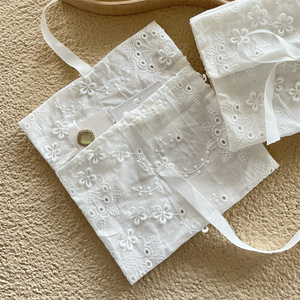 Custom <b>White</b> Cotton <b>Envelope</b> Bag for Women Simple Floral Lace Flap Cover Pouch with Embroidery Flower Pattern for Jewelry Party - Product Image 5