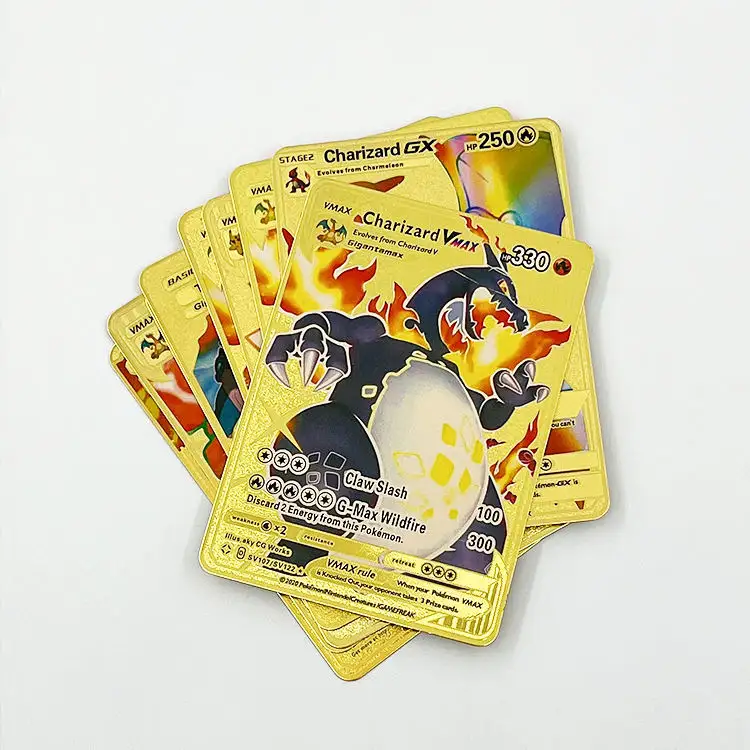 बच्चों के उपहार के लिए उच्च गुणवत्ता वाले वीमैक्स जीएक्स गोल्ड मेटल DIY चरिज़ार्ड कार्ड थोक अंग्रेजी पोक-मोनेड ट्रेडिंग मेटल गेम कार्ड