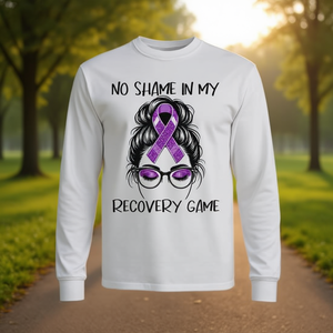Camiseta de manga larga No Shame In My Recovery Game Sobriety con lazo morado para concienciación sobre la sobriedad - Product Image 3