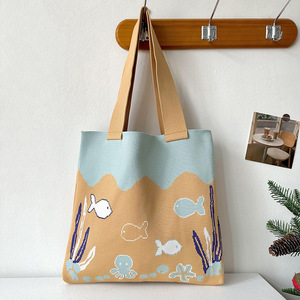 New Korean Cartoon Underwater World <b>Knit</b> Shoulder Bag Cute Octopus Fish <b>Pattern</b> Casual Large Tote Bag <b>For</b> Students Girls - Product Image 5