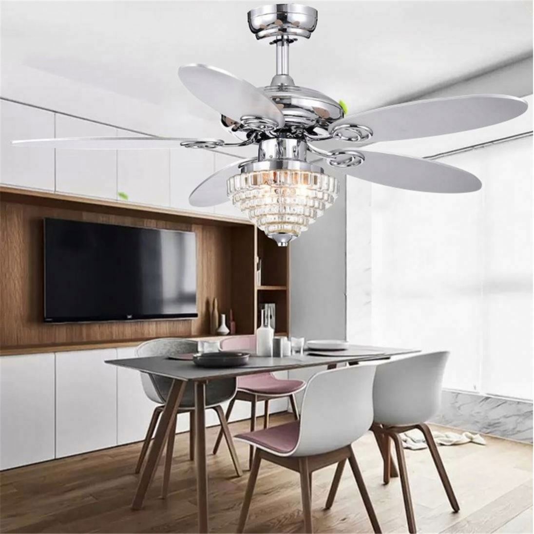 Crystal Chandelier Remote Control Chrome Luxury Led Ceiling Fan Light for Office