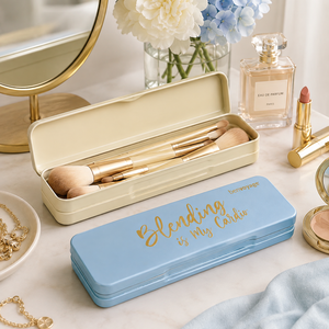Boîte en métal à couvercle articulé pour pinceaux de maquillage, conteneur de rangement cosmétique personnalisé imprimé pour outils de beauté - Product Image 1