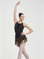 Costume de danse jazz noir et or pour femme, sans manches, avec franges, strass et dos croisé en maille, idéal pour la scène et les compétitions