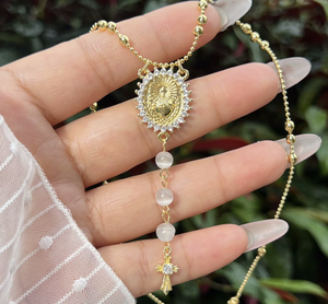 Collier vintage avec médaille <span class=keywords><strong>de</strong></span> la Vierge <span class=keywords><strong>Marie</strong></span> catholique, perles <span class=keywords><strong>de</strong></span> jade <span class=keywords><strong>rose</strong></span>, médaille <span class=keywords><strong>de</strong></span> Notre-Dame en zircon cubique et croix en forme <span class=keywords><strong>de</strong></span> cœur - Product Image 2