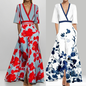 Abito lungo estivo da donna pronto per la spedizione, con stampa tropicale, taglie forti, scollo a V, senza maniche, vita alta, vestibilità slim, elegante per le vacanze - Product Image 5