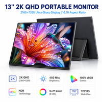 Moniteur portable ultra-fin 13 pouces 2K QHD IPS 60Hz USB-C avec double haut-parleur intégré et support pour ordinateur portable, téléphone, PC