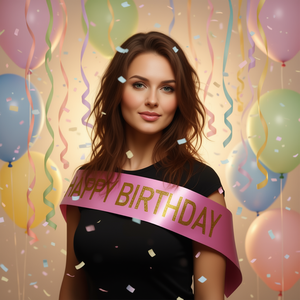 Banda de Feliz Cumpleaños Rosa con Letras Doradas, Decoración Elegante para Fiesta, Bolsa de 12 Piezas - Product Image 3