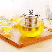 Théière en verre à haute teneur en borosilicate de 650ml/950ml/1300ml à faible quantité minimale de commande en stock avec couvercle et filtre en acier inoxydable