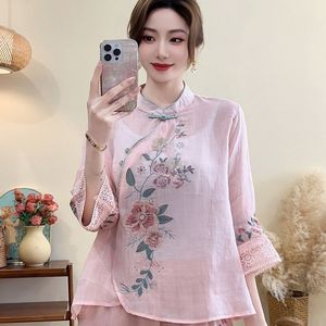 Chinese Embroidery Linen Top Women Stand Collar Mid Sleeve Loose Fit Rose Red Chinoiserie Style Blouse For Everyday Wear - Product Image 3