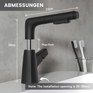 Grifo de Baño Moderno de Acero Inoxidable Negro con Caño Extraíble, Giratorio 360°, 2 Modos de Rociado, Manguera de 150 cm para Lavabo - Product Image 6