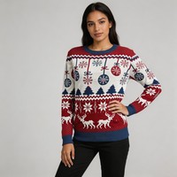 Pull jacquard de Noël pour femme, col rond, tricoté, manches longues, style nordique, pour les fêtes