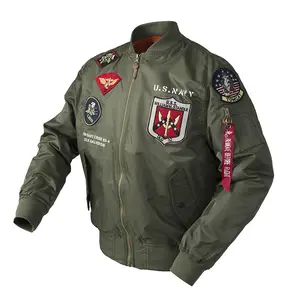 Chaqueta de bombardero OEM diseño personalizado otoño hombre piloto MA1 abrigo vuelo béisbol chaquetas prendas de vestir verde piloto Biker chaqueta de Bombardero